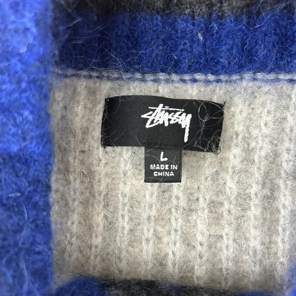 Stussy Tennis Sweater Mens L Gray V Neck Mohair Wool Blend Fuzzy Knit Ribbed - Picture 5 of 9